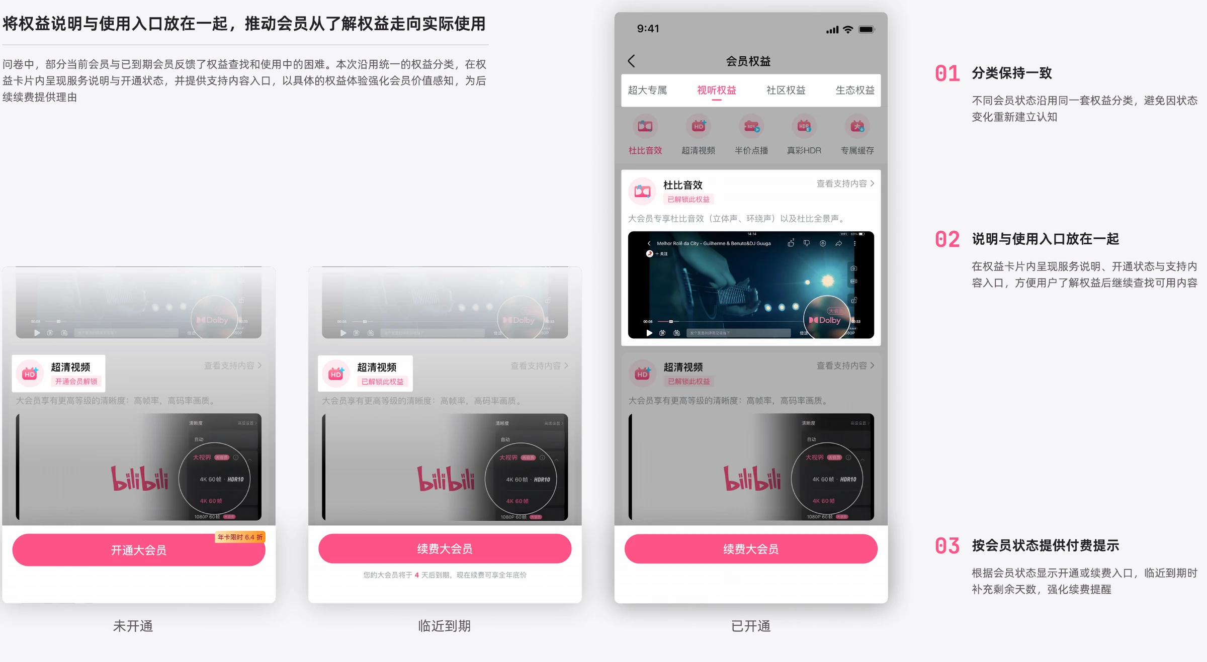 方案界面：未开通、临近到期与已开通状态沿用同一权益分类。