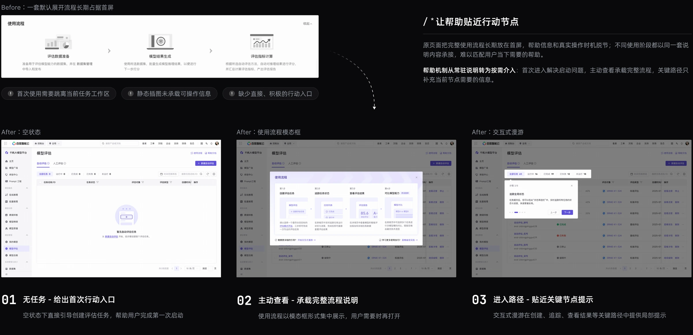 Before / After：空状态启动、主动查看流程与局部提示。
