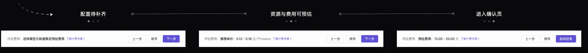 配置待补齐、资源与费用预估、进入确认后的主按钮状态；区分「下一步」与「启动任务」。